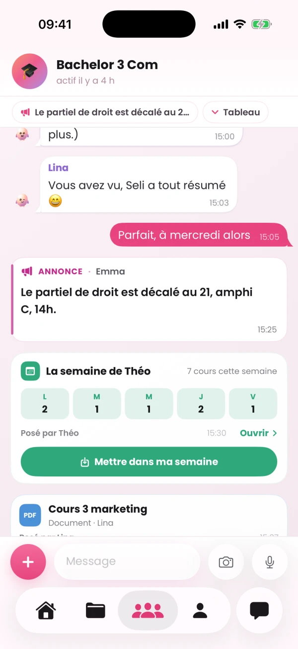 La classe d'une promo dans Seliia : les annonces épinglées et le fil.