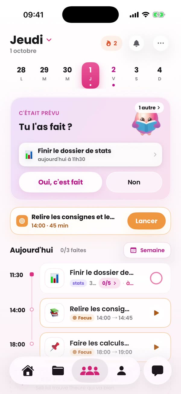 La Home : Seli demande « Tu l'as fait ? », avec « Oui, c'est fait » et « Non ».
