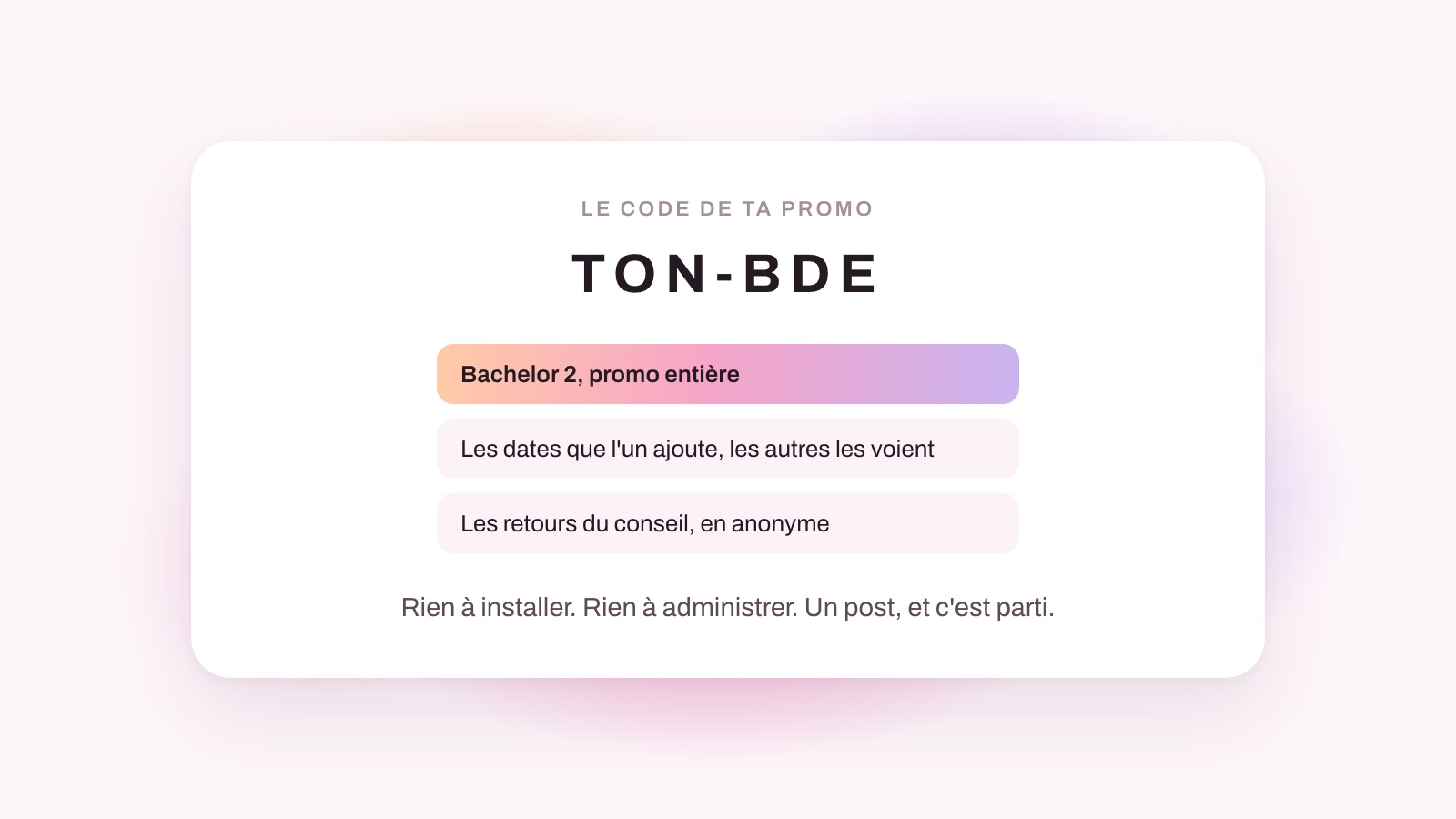 Le code maison d'un BDE, et la classe de promo qu'il ouvre.