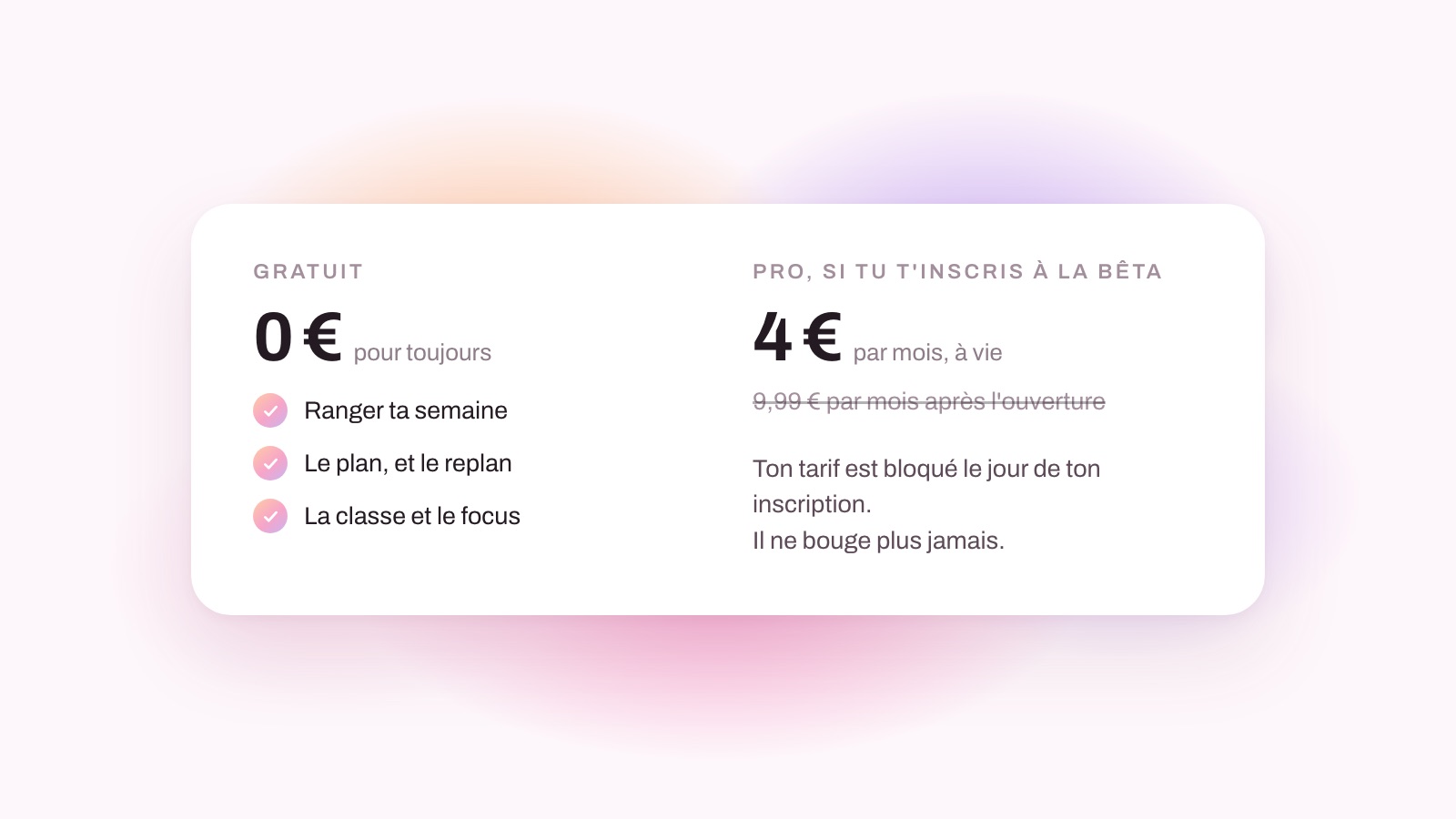 Le gratuit, le Pro à 9,99 € et le tarif de bêta bloqué à 4 €.