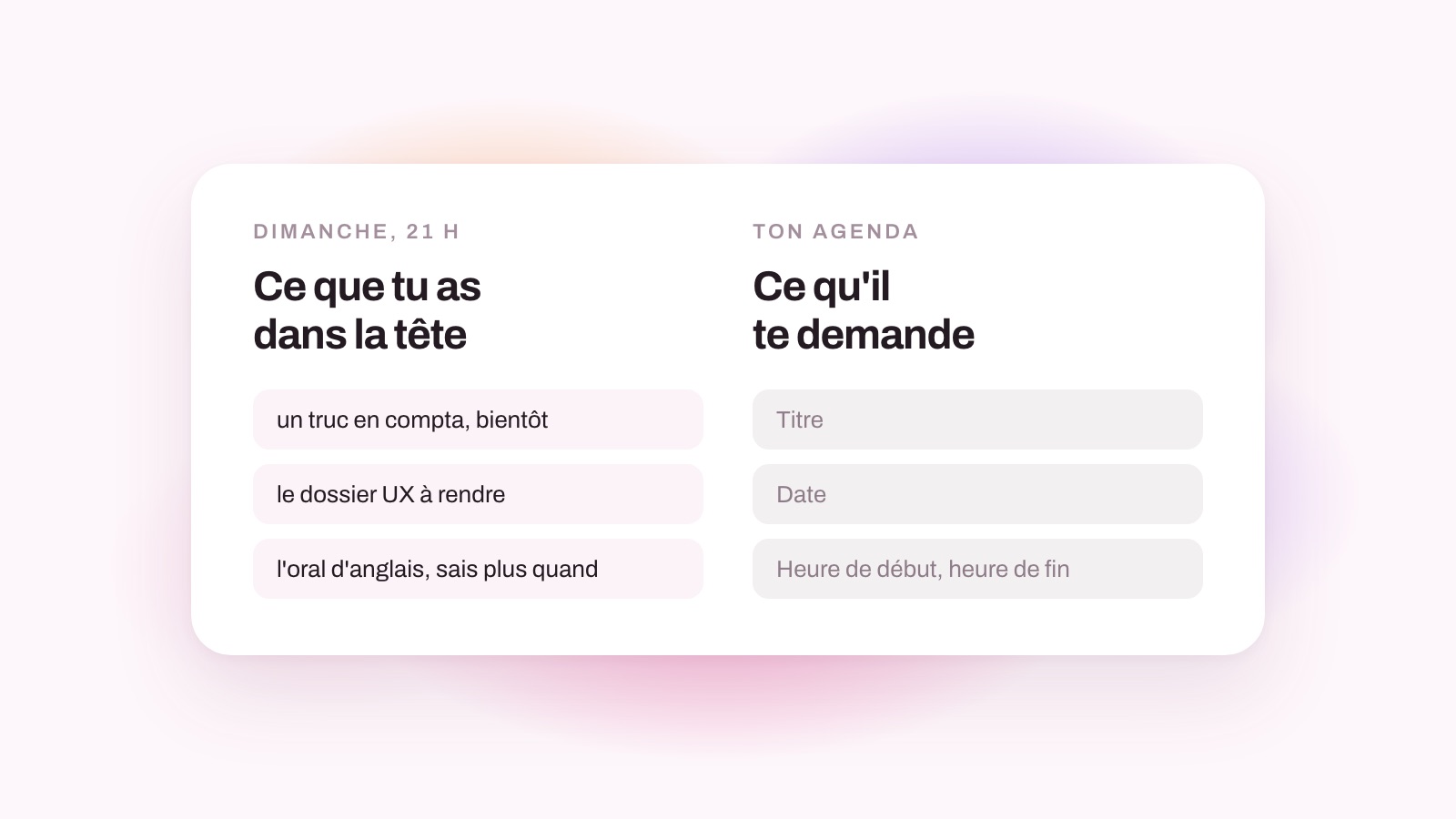 Dimanche 21 h : ce que tu as dans la tête, et ce que ton agenda attend.